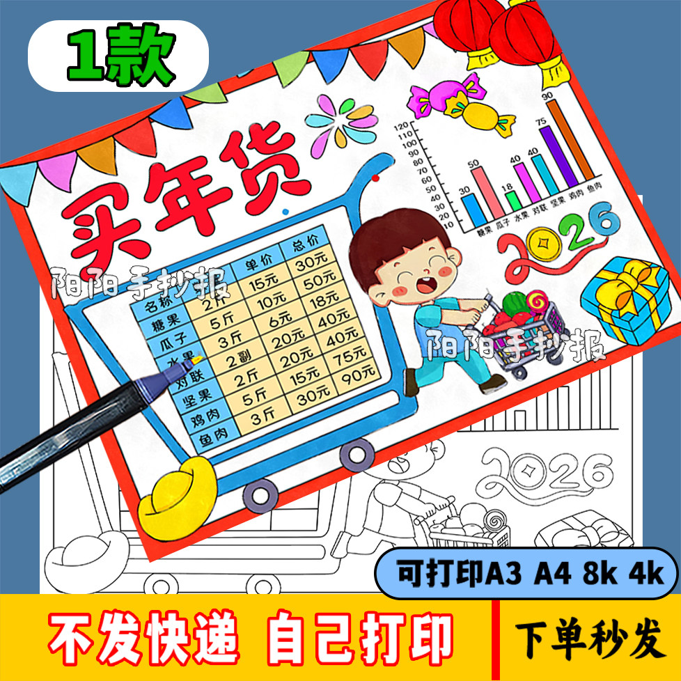 年味数学手抄报模版电子版小学生2026马年趣味数学买年货购物清单