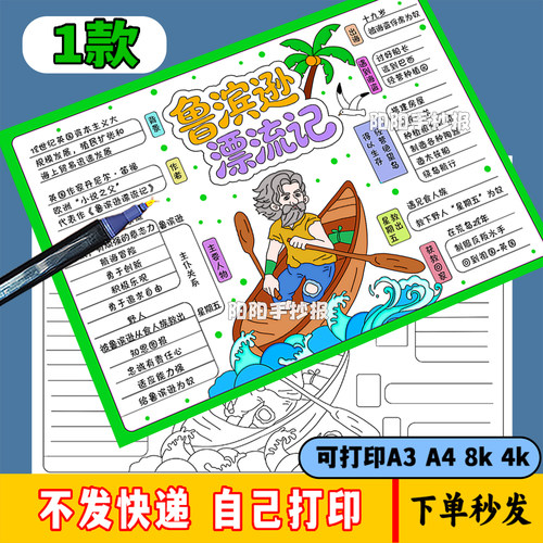 鲁滨逊漂流记思维导图手抄报模版语文六年级好书推荐阅读小报线稿