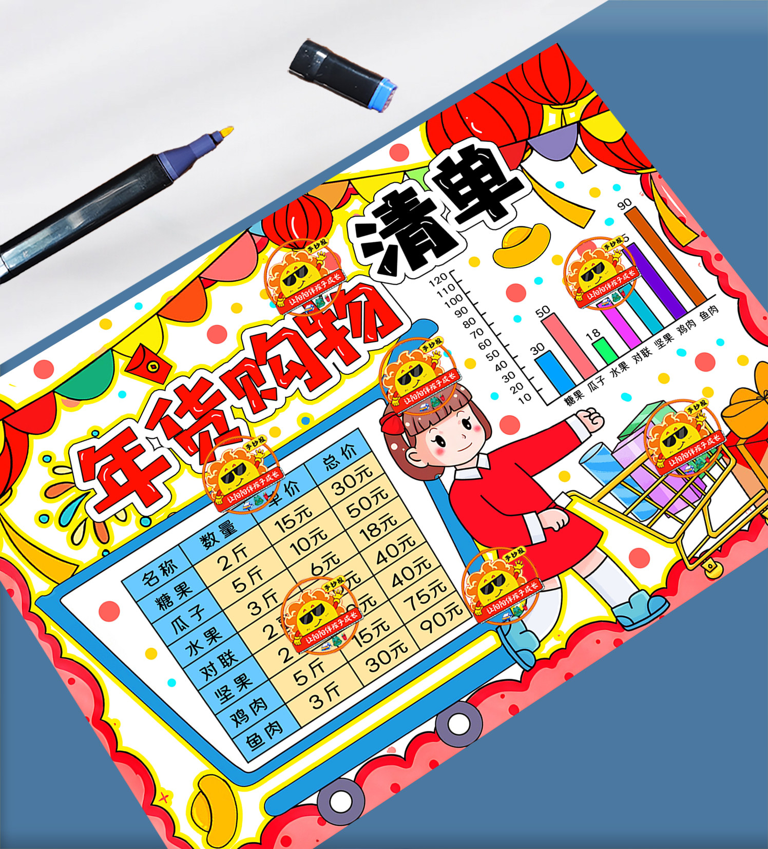 年货购物清单手抄报电子模板小学生2025新年春节购物消费计划表a3