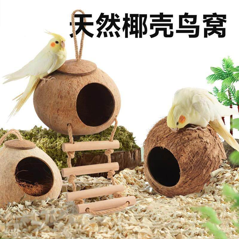 天然椰子壳鸟窝适用于虎皮鹦鹉玄凤珍珠的睡巢 打磨挂绳款室内鸟