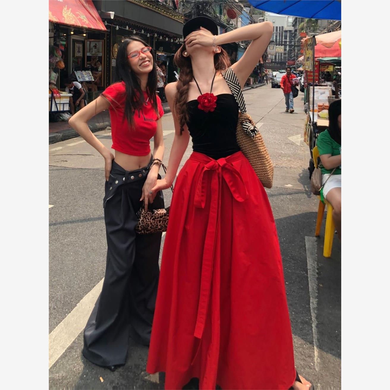 裙子套装女丝绒挂脖吊带背心红色蝴蝶结飘带大摆半身裙夏季两件套
