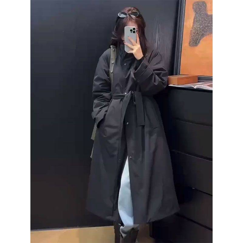 欧货立领中长款鸭绒服女欧洲站2025秋冬黑色收腰风衣羽绒服外套潮