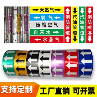 反光膜管道标识贴纸标识牌介质管道标识流向箭头色环标签贴自来水进水回水压缩空气蒸气天然气消防管路警示贴
