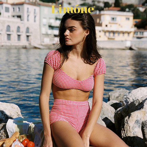 Limone粉色分体泳衣泡泡袖泳装女