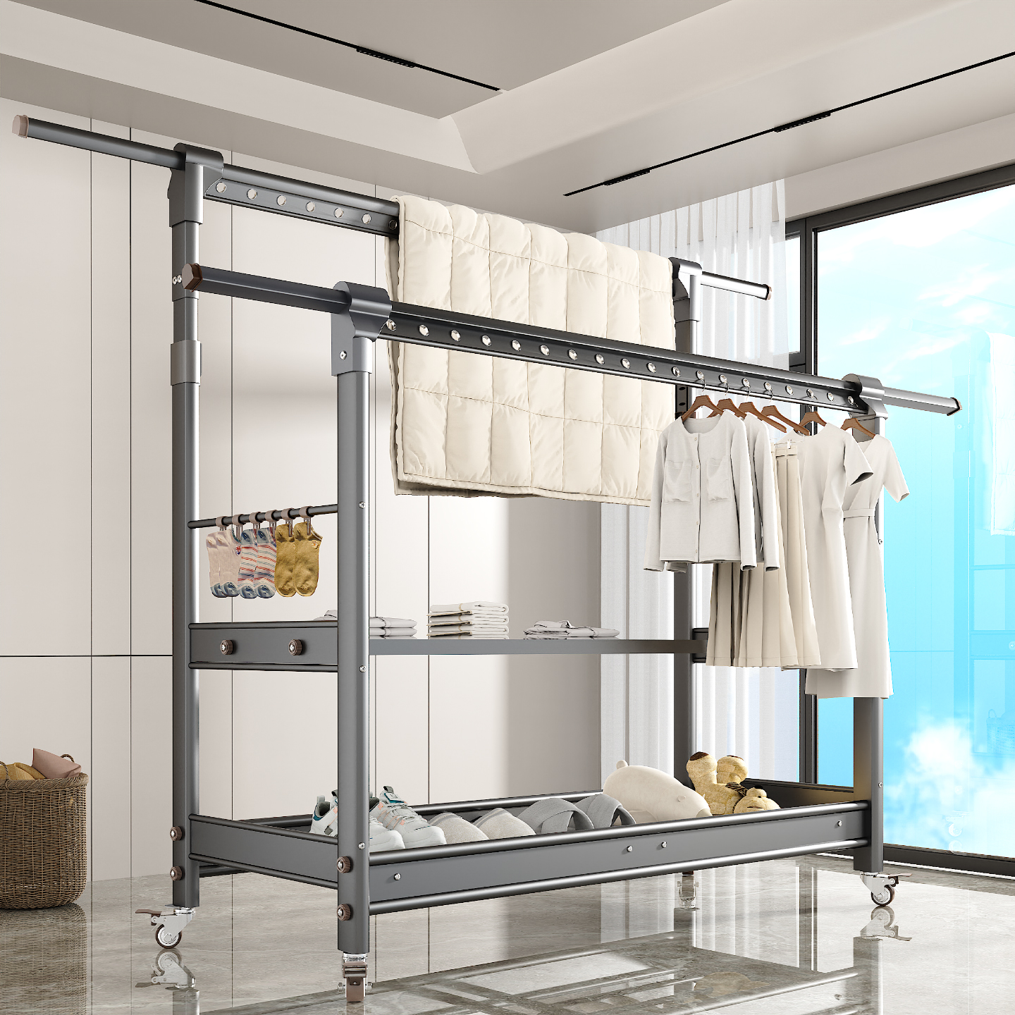 铝合金伸缩落地晒被衣架