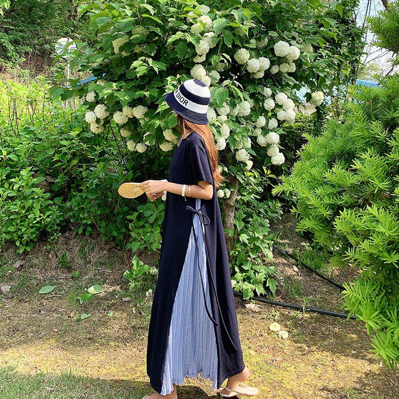 日系女装条纹拼接撞色连