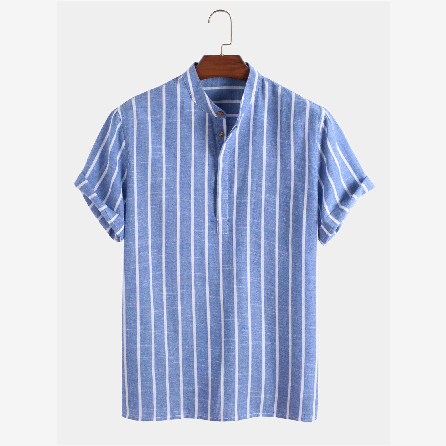 Mens Striped Loose Short Sleeve Casual Buttons Shirts Loose