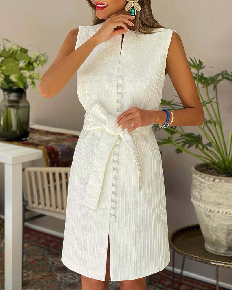 气质立体纹理无袖修身连衣裙有腰带Women Solid Sleeveless Dress