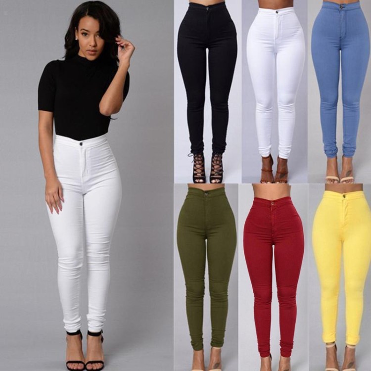 ladys elastic pencil pants women high waist jeans trousers
