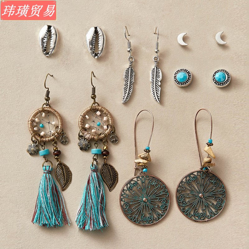 Retro ethnic dream catcher shell feather earring set 6 pairs