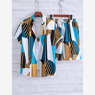 Men Random Color Block Stripe Print Shirt Shorts Without Tee