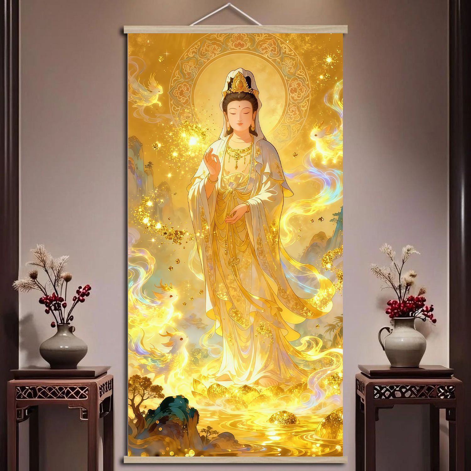 观音菩萨中式金莲宝座观音卷轴居家客厅书房玄关装饰实木挂画