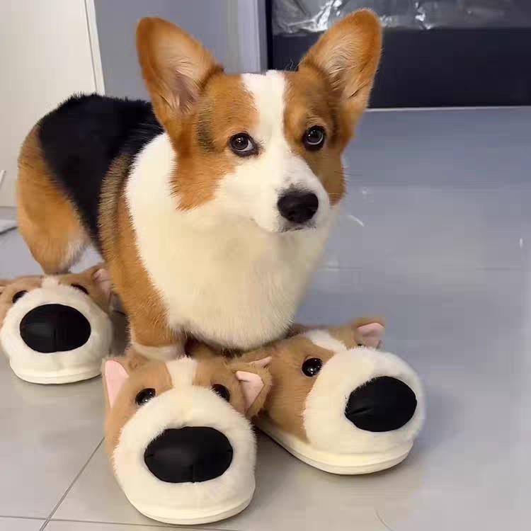 毛绒柯基拖鞋仿真小狗秋