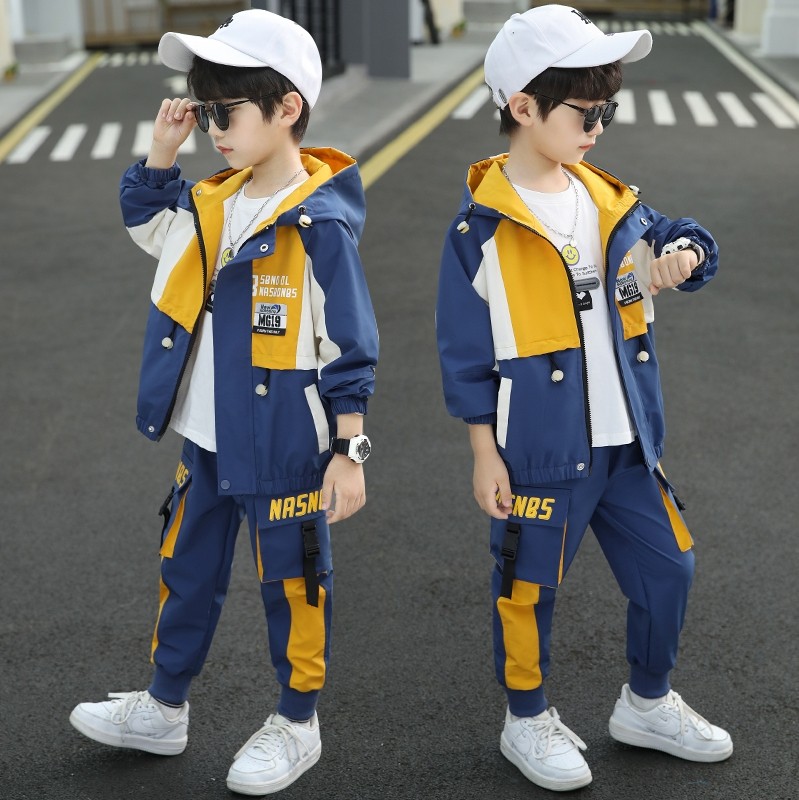 爆款男童套装秋冬衣服拼色两件套