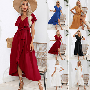 women clothes实拍 荷叶边V领无袖连衣裙包裹大摆长裙女欧美跨境