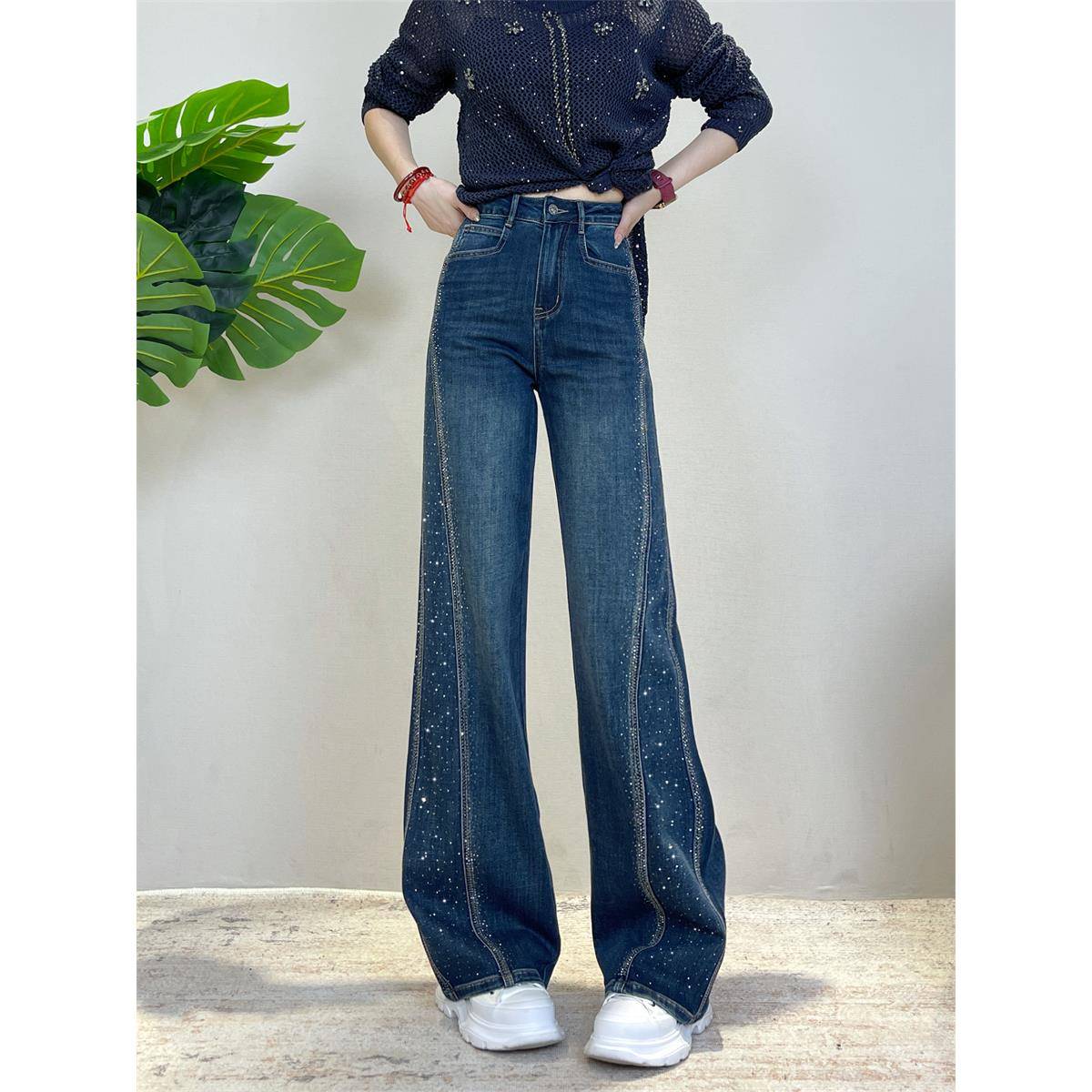 迪否烫钻直筒牛仔裤女秋冬2025新款高级感高腰垂感窄版阔腿裤6035