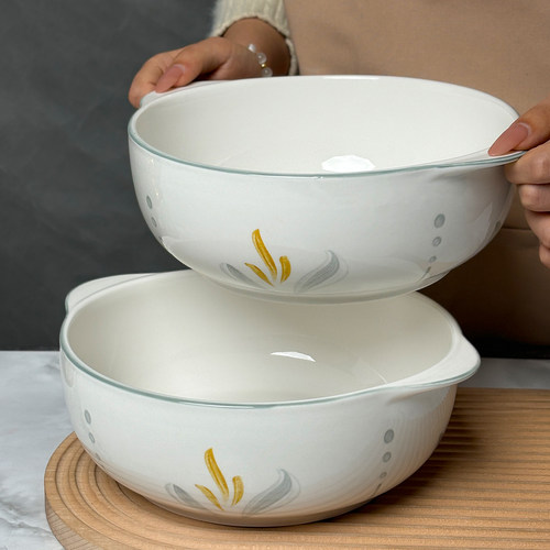 银装素裹双耳陶瓷大汤碗10.5英寸家用盛汤釉下彩大容量加厚大汤盆