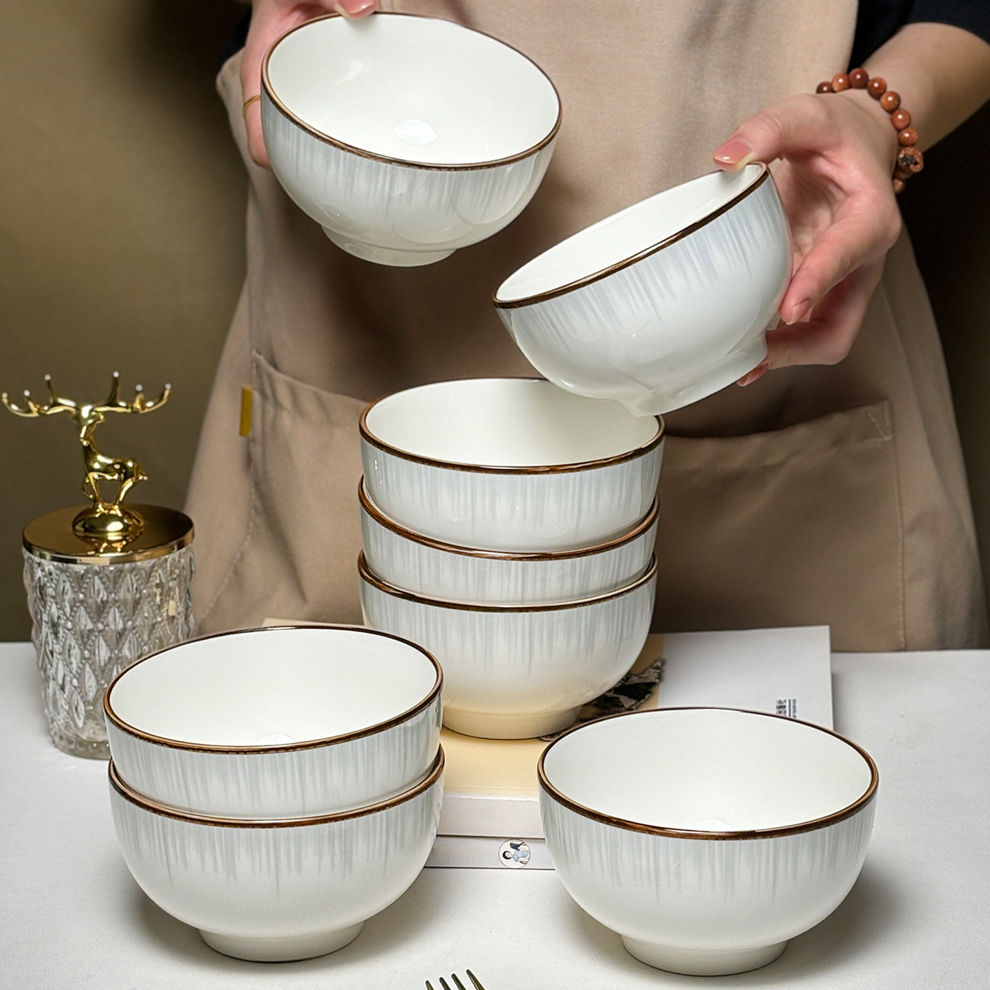 10个装渐变陶瓷饭碗家用2026新款釉下彩4.5英寸吃饭碗碟碗盘套装,餐饮具,碗,淘宝优惠券,粉丝福利购,淘宝优惠卷