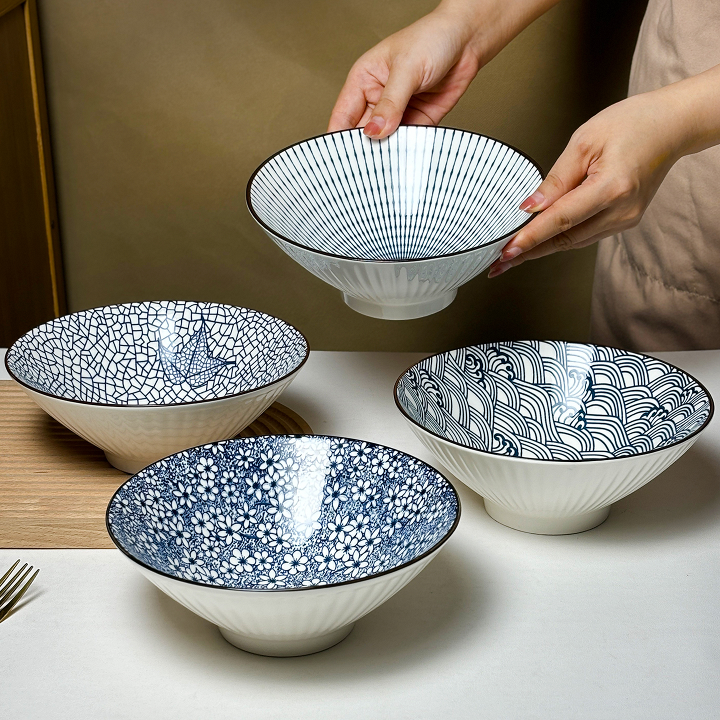 8英寸陶瓷斗笠碗家用高颜值釉下彩大号面条碗拌菜凉菜碗螺狮粉碗