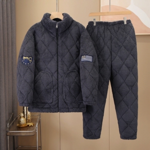 深冬拉链款青中年男士睡衣加厚加绒夹棉珊瑚绒家居服套装休闲外穿