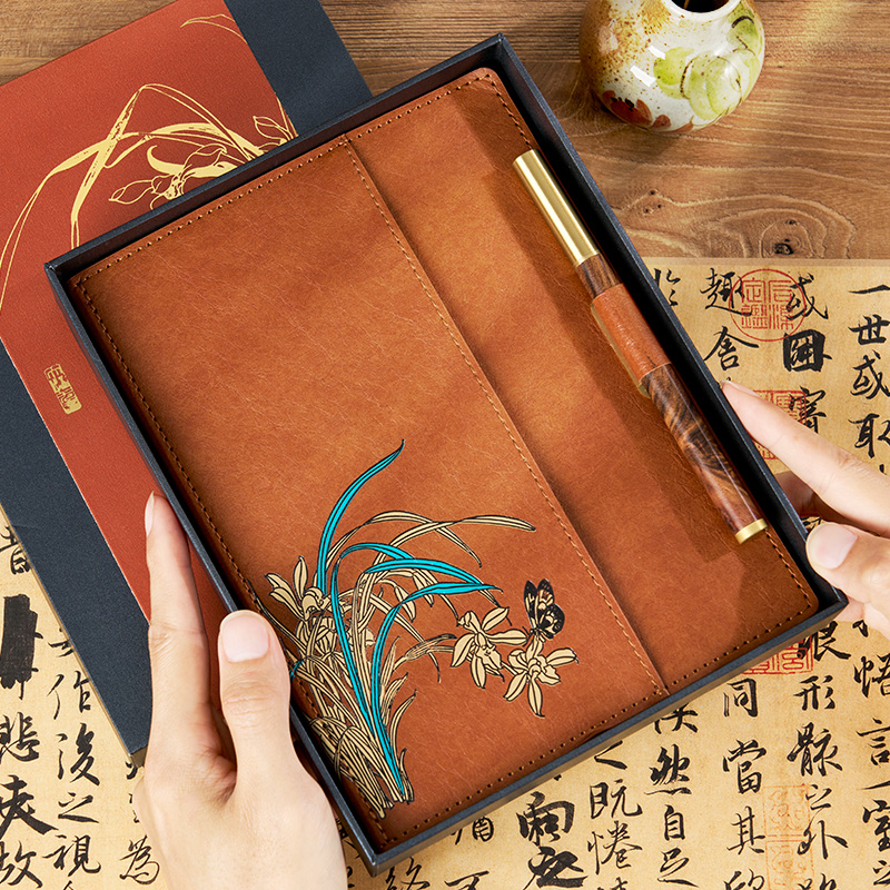 a5兰花笔记本本子定制可印logo封面礼盒套装2025新款高颜值精致高级古风商务工作棕色横线高档文创皮质记事本