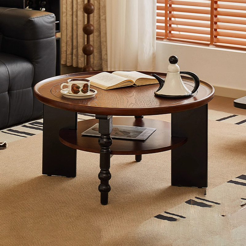 法式复古实木双层茶几组合家用小户型轻奢高级中古风圆桌沙发边几