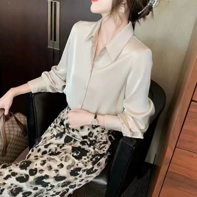 高级感衬衫女夏垂感薄款长袖轻奢上衣醋酸真丝绸缎面衬衣2202