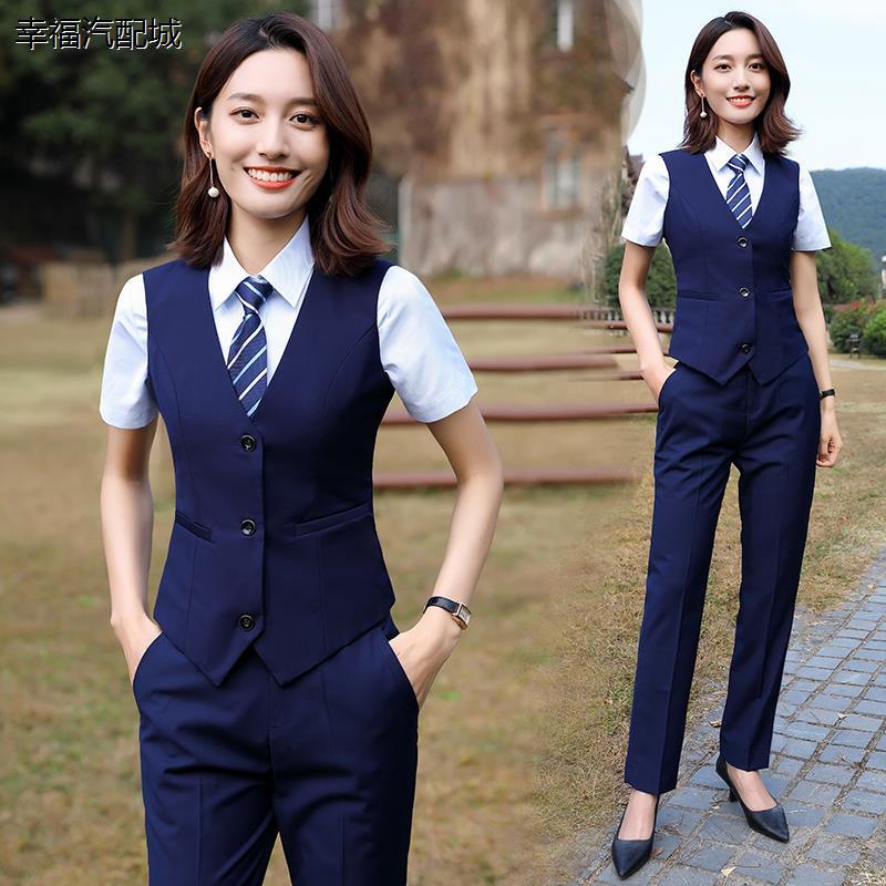 西装马甲女夏薄款职业黑色马夹套装工作服酒店背心坎肩两件套