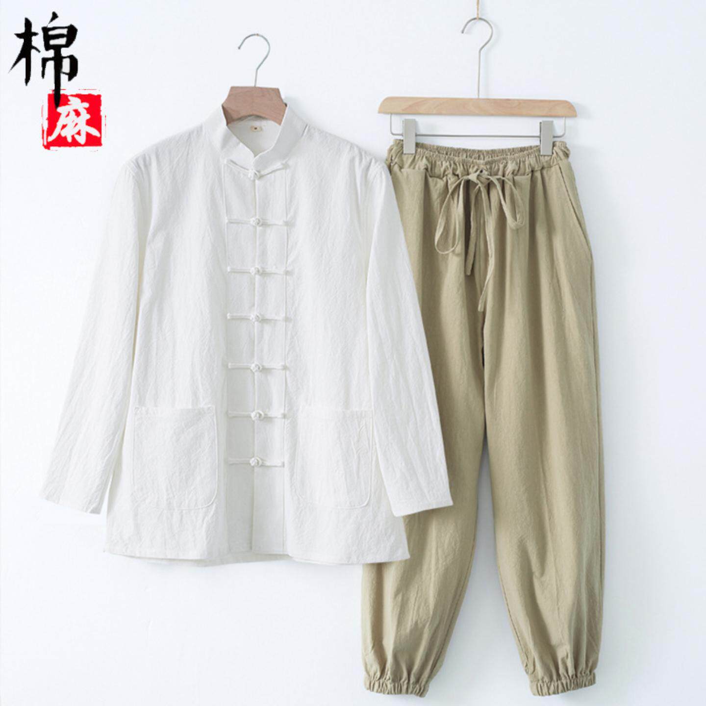 禅意棉麻长袖禅修服套装