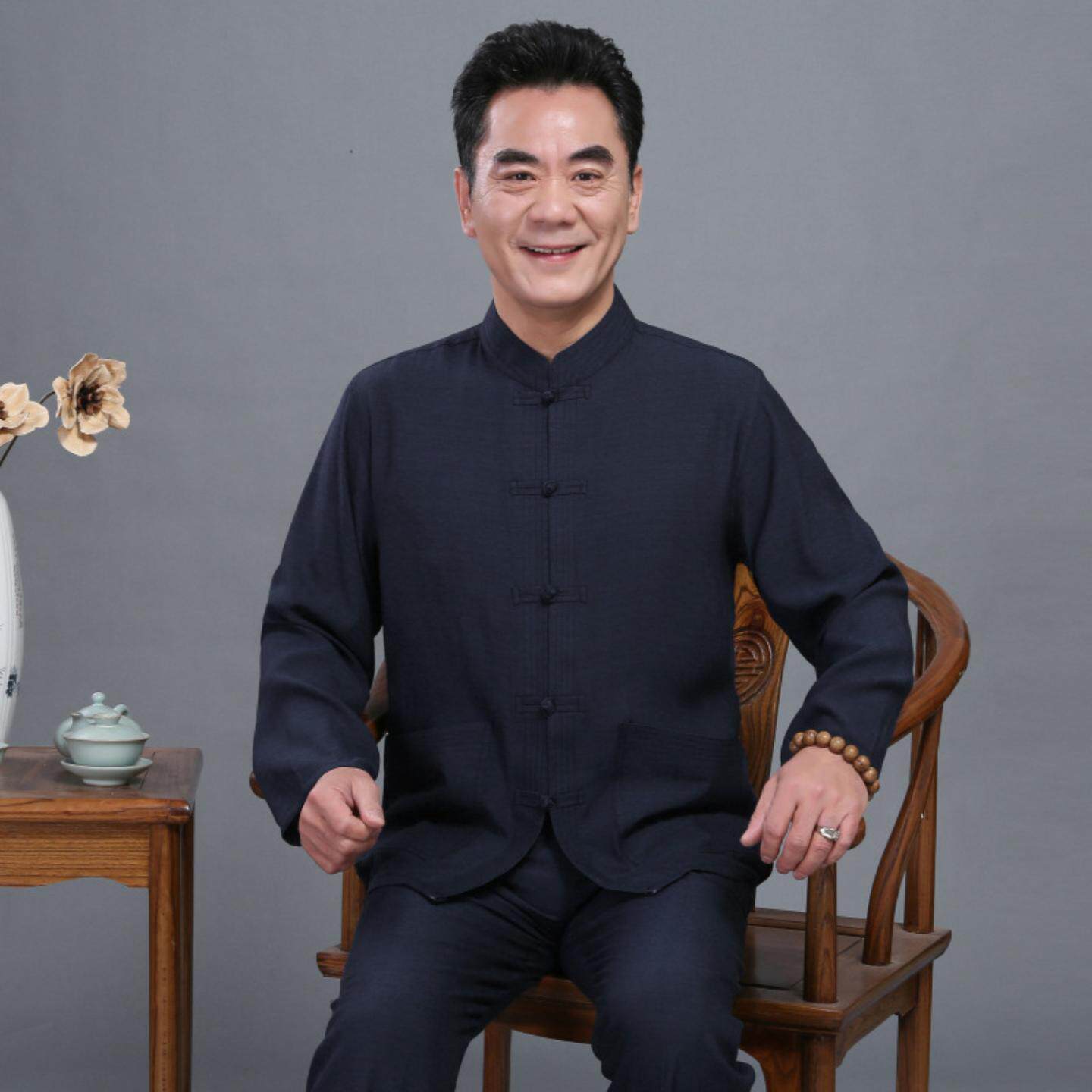 夏季唐装男式套装亚麻居士服棉麻民族服装中国风中老年汉服男长袖