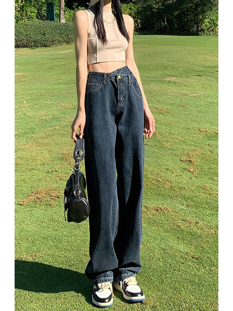 블루 그레이 여성 하이웨이스트 청바지 2024 신작 가을 루즈핏 슬림 스트레이트 불규칙 와이드 팬츠