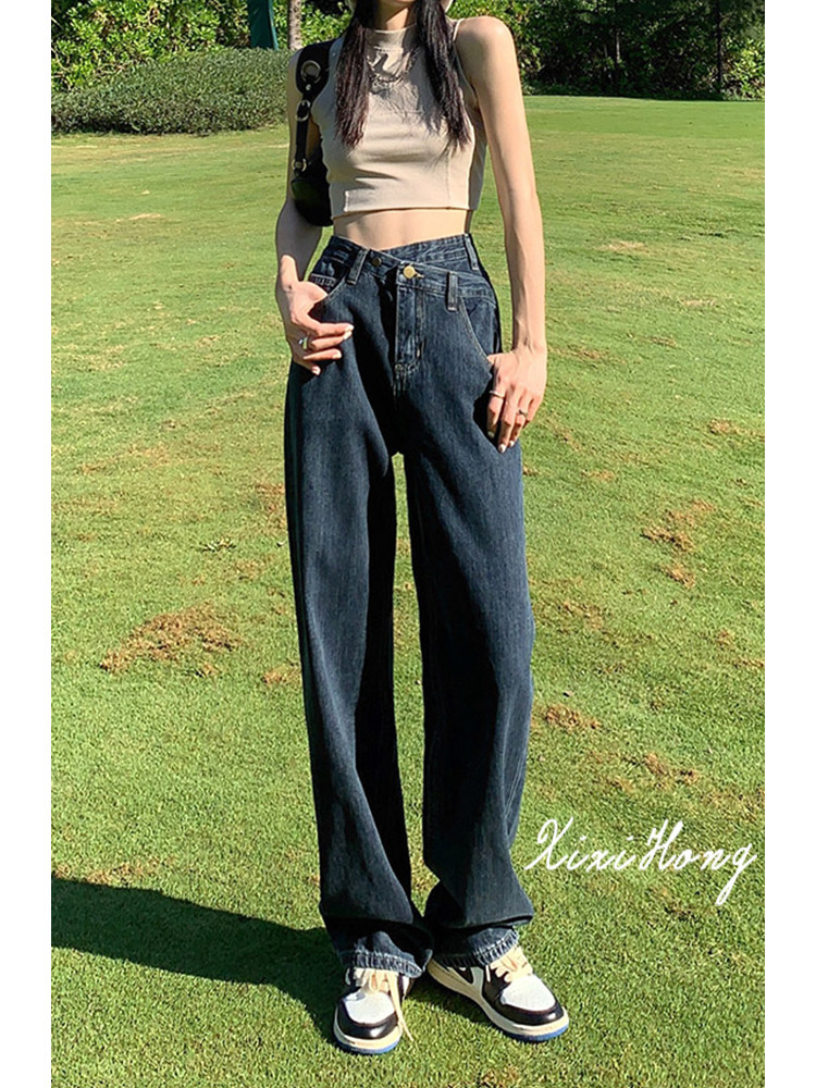 블루 그레이 여성 하이웨이스트 청바지 2024 신작 가을 루즈핏 슬림 스트레이트 불규칙 와이드 팬츠