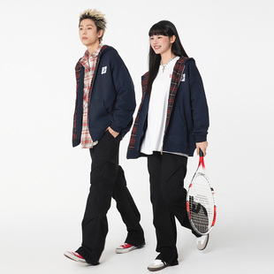 拉链连帽卫衣 复古格纹拼接加绒刺绣高街宽松情侣帽衫 URS GGON美式