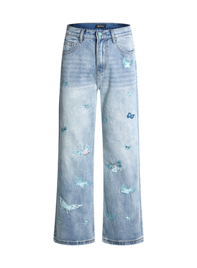 URS GGON美式复古水洗潮牌蝴蝶刺绣情侣高街宽松百搭微喇叭牛仔裤