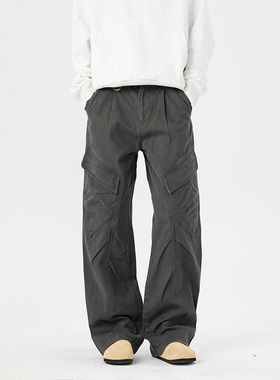 URS GGON 美式复古多口袋潮牌情侣褶皱设计感宽松直筒百搭工装裤