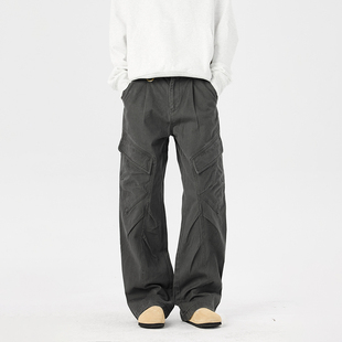 裤 URS 复古多口袋潮牌情侣褶皱设计感宽松直筒百搭工装 美式 GGON