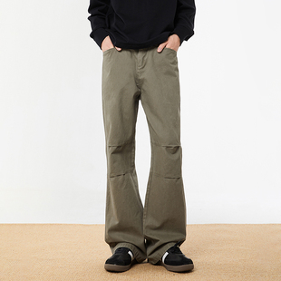 男女潮牌灰绿色磨毛微喇长裤 URS 裤 复古褶皱设计感工装 GGON美式