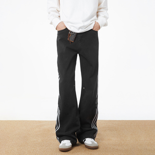 男女同款 侧边条纹撞色拼接水洗做旧微喇叭牛仔裤 黑色 GGON美式 URS