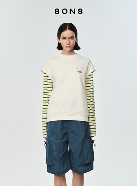 8ON8白色logo印花2025年春季新品休闲圆领纯棉插肩T恤半袖上衣女