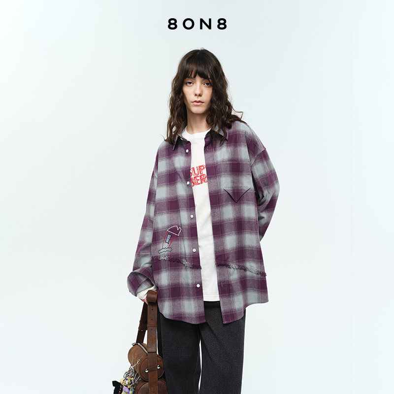 8ON8法兰绒格纹衬衣2025秋季新款经典格纹休闲衬衫外套复古上衣女,女装/女士精品,衬衫,淘宝优惠券,粉丝福利购,淘宝优惠卷