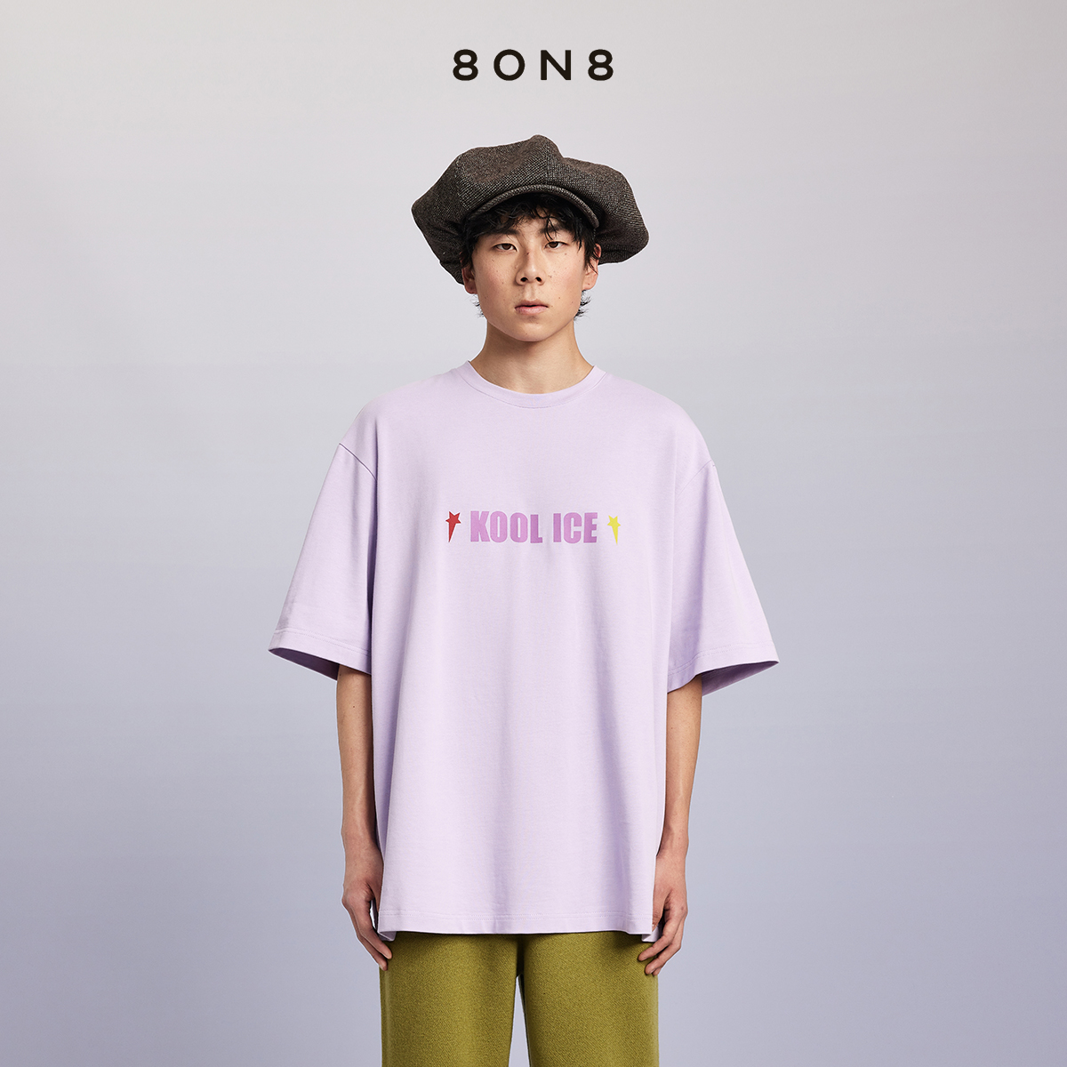8ON8夏季男女同款淡紫色KOOL ICE圆领落肩袖短袖T恤-封面