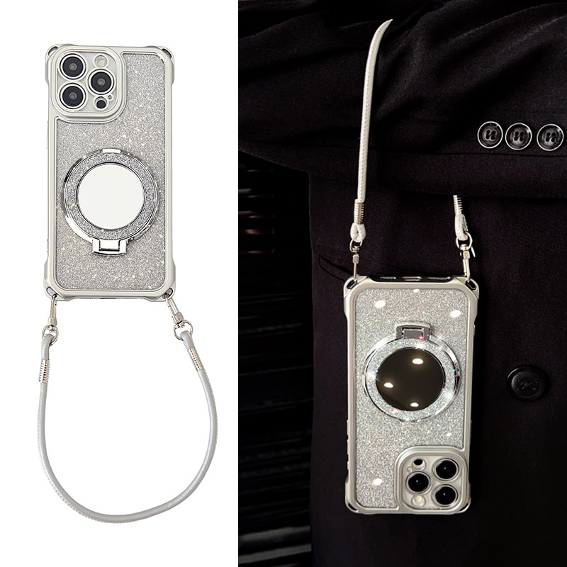 适用于苹果16ProMax手机壳华为Nova14高档女款荣耀400镜子支架OPPOReno14气囊硅胶vivoX200全包小米15带挂绳