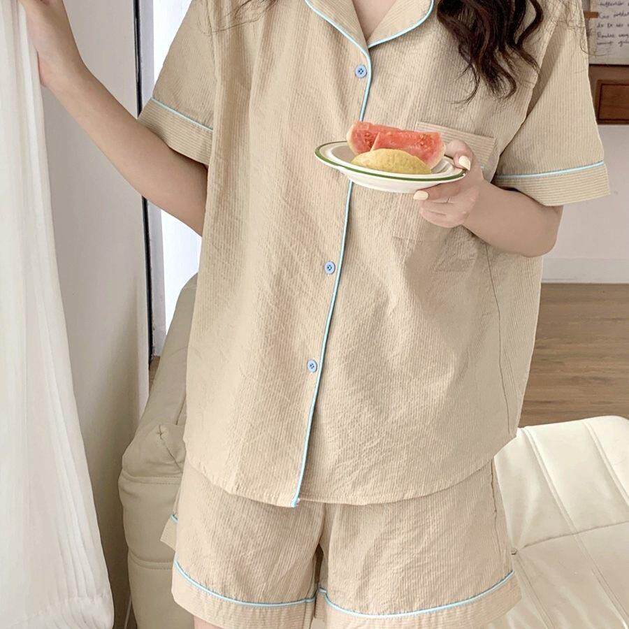 睡衣女款夏季短袖条纹套装ins日系甜美可爱麻翻领学生家居服