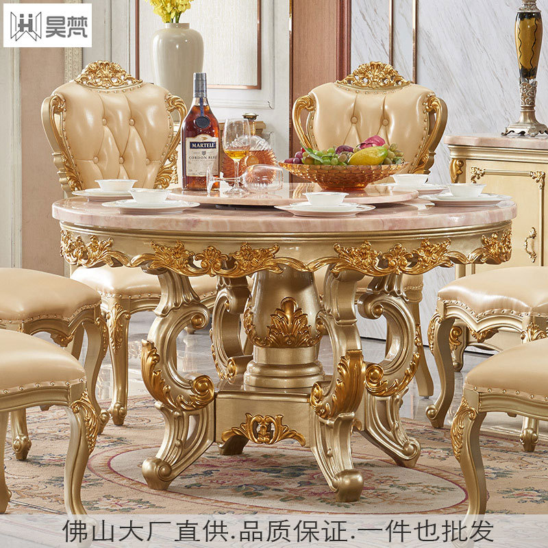 欧式圆形实木大理石餐桌椅组合吃饭桌圆餐桌家用别墅家具奢华橡木