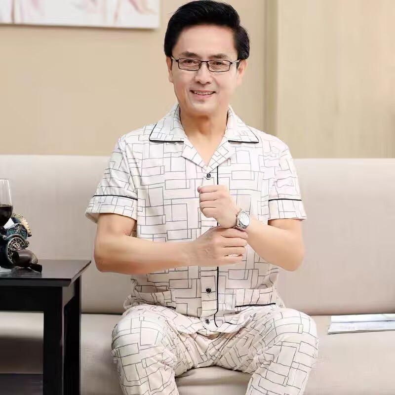 美梦睡衣男士夏季100%纯棉短袖长裤家居服中老年父亲薄款半袖爸爸
