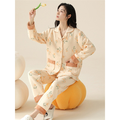 美梦纯棉睡衣女加厚纯棉长袖女款冬季薄夹棉秋冬空气棉冬款家居服