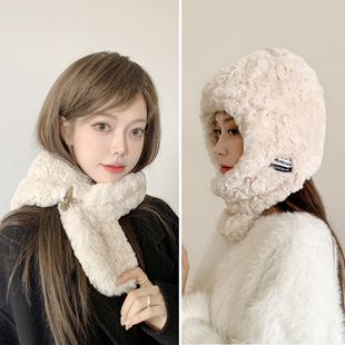 牛角扣毛绒帽子女秋冬季加厚保暖护耳包头帽百搭加绒护颈围脖两用