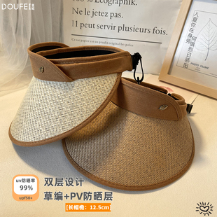 uv防晒帽骑车大檐草编空顶帽子女夏季 防紫外线遮阳太阳帽 2025新款