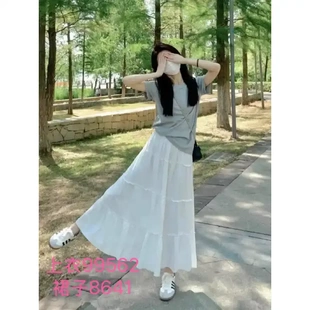 夏季 小个子奶系穿搭灰色短袖 T恤半身裙减龄甜美俏皮活泼两件套装