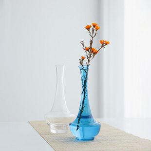 中式日式仿古禅意绿色大肚宋韵瓶长颈小口单枝花艺插花瓶玻璃花器